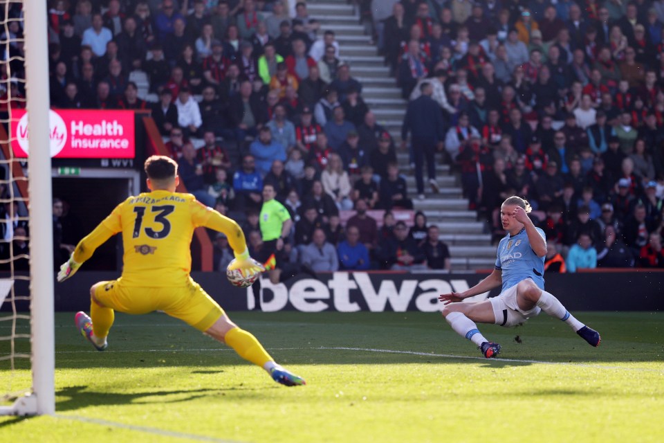 Erling Haaland scoring a goal past Kepa Arrizabalaga.