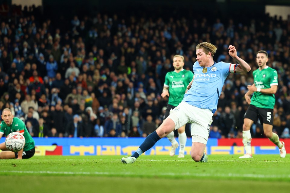 Kevin De Bruyne of Manchester City scoring a goal.
