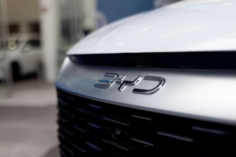 BYD car logo on a silver vehicle.