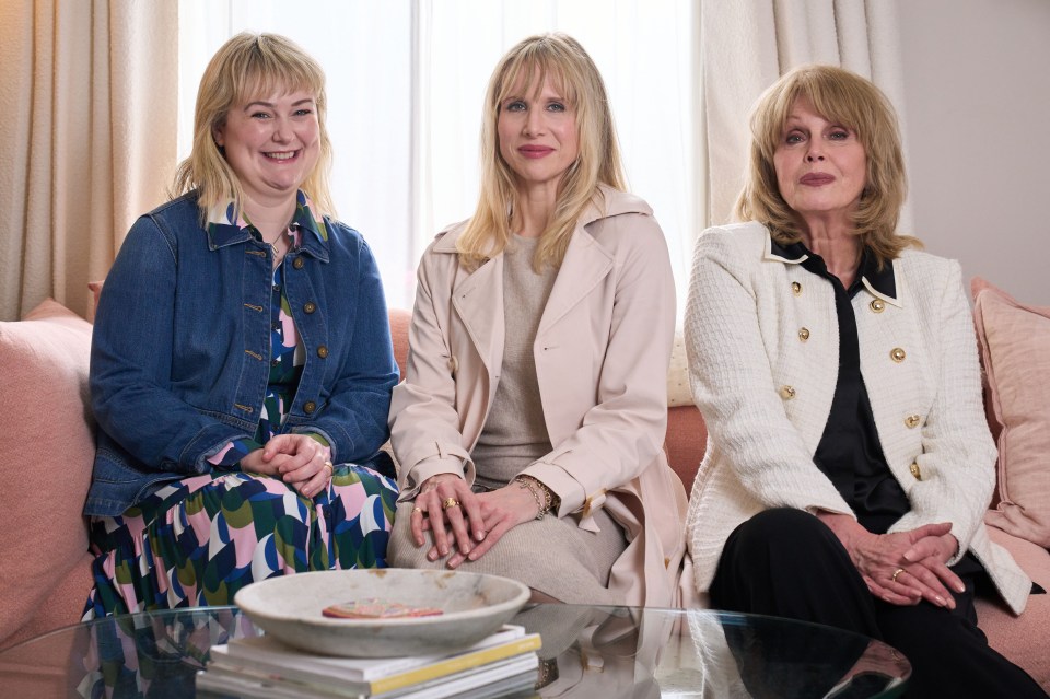 Lucy Punch, Felicity Jones, and Joanna Lumley sitting together on a couch.