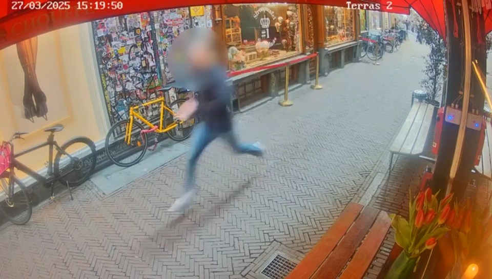 Security camera footage of a person running away.