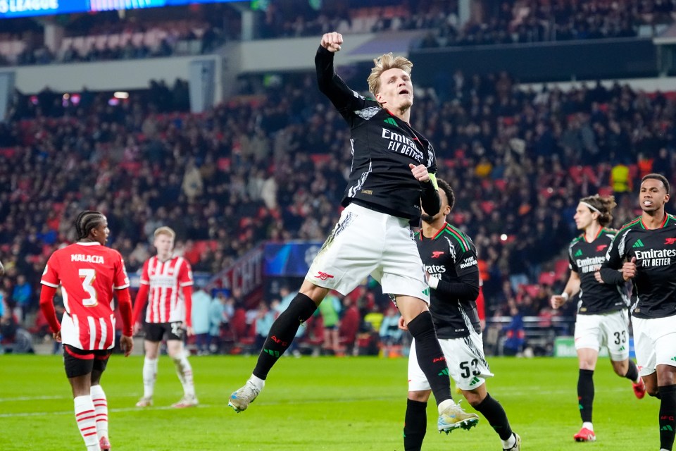 Martin Odegaard of Arsenal celebrates a goal.