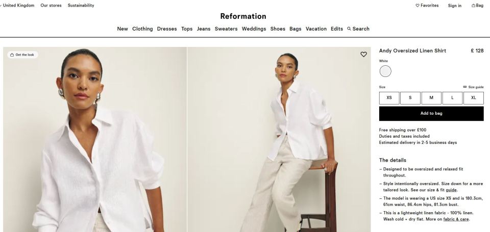 Reformation Andy Oversized Linen Shirt product page.