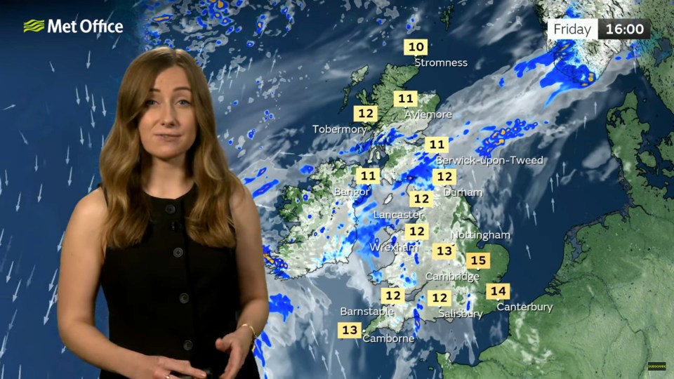 Weather presenter with UK weather map showing rain and temperatures.