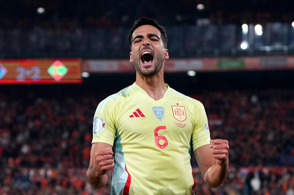 Mikel Merino of Spain celebrates scoring a goal.