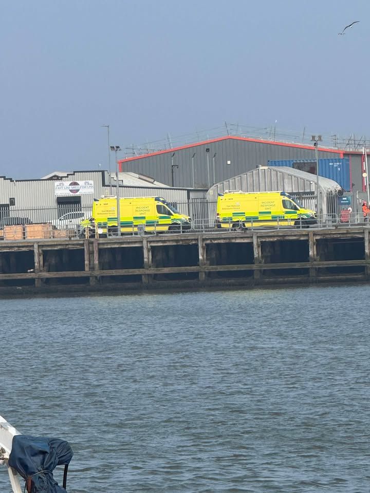 Two ambulances at a dock.