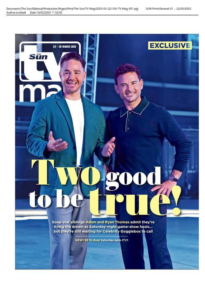 The Sun TV Mag cover featuring Adam and Ryan Thomas, promoting their new show, 99 to Beat.