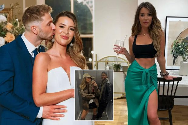 An image collage containing 3 images, Image 1 shows Laura Jayne Vaughan and Arthur Poremba embracing on their wedding day, Image 2 shows Woman in green skirt and black top in her apartment, Image 3 shows Couple in an elevator