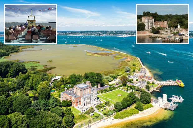 An image collage containing 3 images, Image 1 shows Aerial view of Brownsea Castle on Brownsea Island, Image 2 shows Passengers on a ferry leaving Poole Harbour, Image 3 shows Brownsea Castle and harbor buildings on Brownsea Island