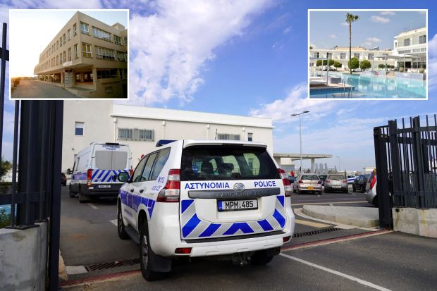 An image collage containing 3 images, Image 1 shows Cypriot police cars transporting Israeli tourists to court, Image 2 shows Famagusta District Court in Paralimni, Cyprus, Image 3 shows Hotel pool and building