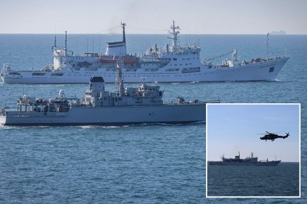 An image collage containing 2 images, Image 1 shows HMS Cattistock shadowing the Admiral Vladimirsky in the English Channel, Image 2 shows A Wildcat helicopter shadowing a Russian survey ship at sea