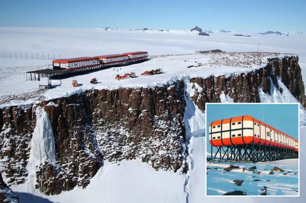 An image collage containing 2 images, Image 1 shows Aerial view of SANAE IV research base on a cliff in Antarctica, Image 2 shows Sanae IV South African Antarctic research base