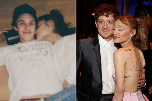An image collage containing 2 images, Image 1 shows Photo of Ariana Grande and Dalton Gomez cuddling on the floor, Image 2 shows Ethan Slater and Ariana Grande at an awards gala