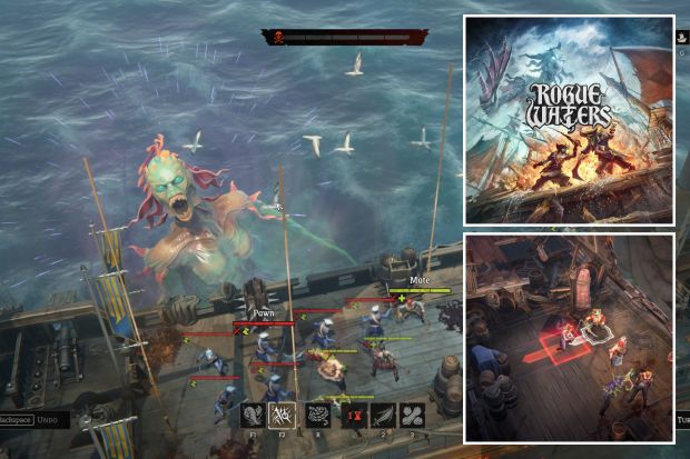 An image collage containing 3 images, Image 1 shows Gameplay screenshot of Rogue Waters showing a sea monster attacking a ship, Image 2 shows Illustration of pirates fighting on a burning ship with a sea monster in the background, Image 3 shows Screenshot of a video game showing a battle on a ship's deck