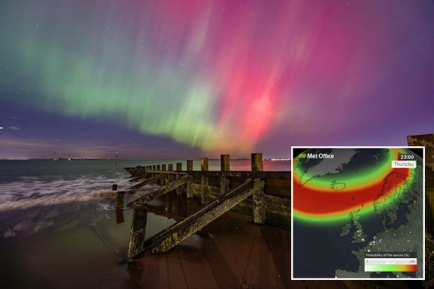 An image collage containing 2 images, Image 1 shows Northern Lights over a beach groyne in Portobello, near Edinburgh, Image 2 shows Map showing aurora probability at 23:00 Thursday
