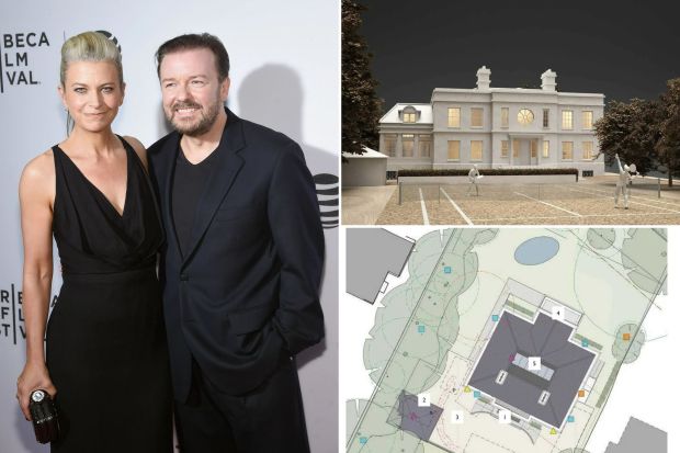 An image collage containing 3 images, Image 1 shows Jane Fallon and Ricky Gervais at the Tribeca Film Festival, Image 2 shows Illustration of Ricky Gervais's proposed new home in Buckinghamshire, Image 3 shows Illustration of Ricky Gervais's proposed neoclassical home design and site plan