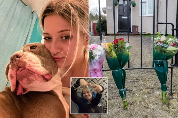 An image collage containing 3 images, Image 1 shows Woman cuddling with her XL Bully dog, Image 2 shows Three bouquets of flowers left at a gate, Image 3 shows Portrait of a smiling young woman with blue hair making a heart shape with her hands