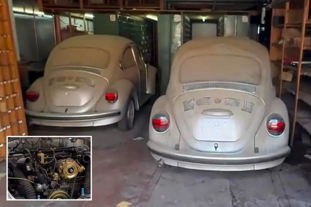 An image collage containing 2 images, Image 1 shows Two dust-covered Volkswagen Beetles in a garage, Image 2 shows Close-up of a vintage car engine
