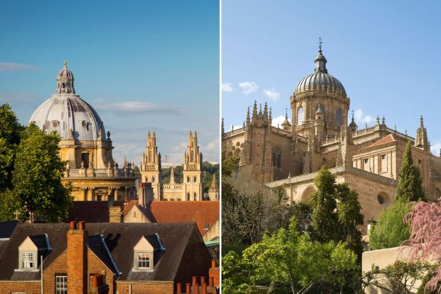 An image collage containing 2 images, Image 1 shows E64D10 View over Oxford with the Radcliffe Camera, All Souls College and tower of St Mary's Church, Oxfordshire, England, Image 2 shows Salamanca Cathedral behind flowering trees and shrubs