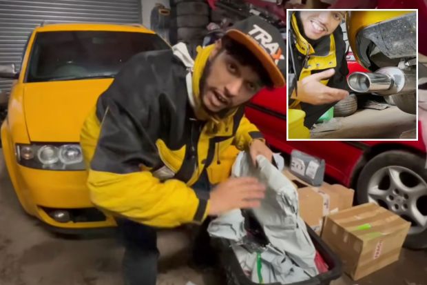 An image collage containing 2 images, Image 1 shows Person in yellow jacket unpacking a basket of car parts in a garage with a yellow car and a red car, Image 2 shows Person showing a car's exhaust pipe
