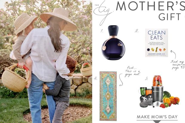 An image collage containing 2 images, Image 1 shows Woman carrying a young child while another child holds onto her leg in a garden, Image 2 shows Mother's Day gift guide: perfume, cookbook, necklace, yoga mat, blender, and kimono