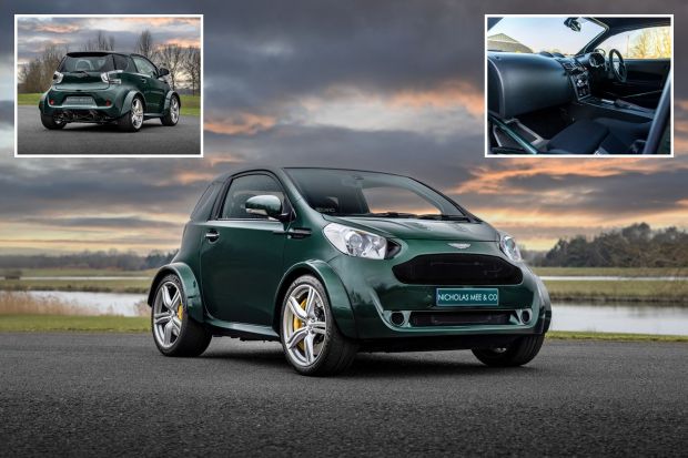 An image collage containing 3 images, Image 1 shows Aston Martin Super Cygnet, Image 2 shows Interior view of an Aston Martin Super Cygnet, Image 3 shows Rear view of a dark green Aston Martin Super Cygnet