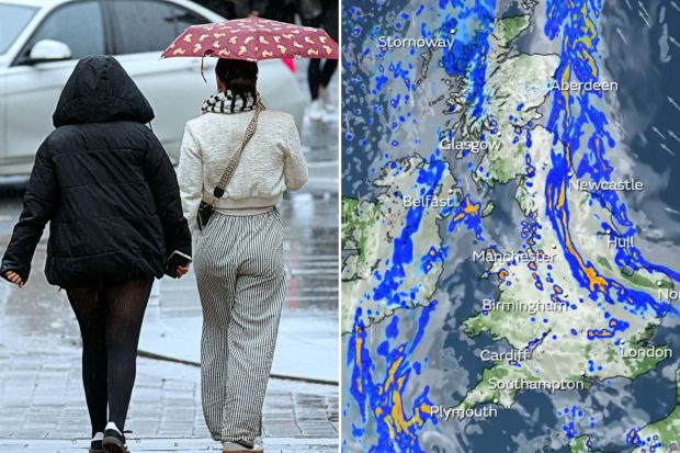 An image collage containing 2 images, Image 1 shows Two women walking in the rain, one using an umbrella, Image 2 shows Weather map of the UK showing rainfall