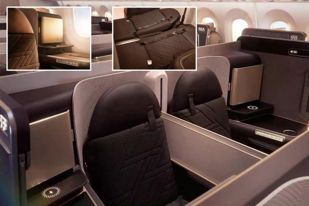 An image collage containing 3 images, Image 1 shows Korean Air Prestige Suites 2.0 business class seats, Image 2 shows Korean Air Prestige Suites 2.0 business class seat, Image 3 shows Korean Air Prestige Suites 2.0 business class seats