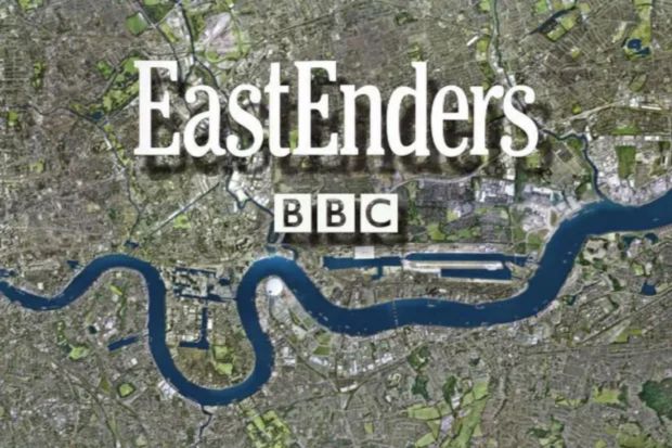 An image collage containing 1 images, Image 1 shows EastEnders BBC title card over a map of London