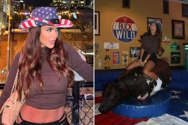 An image collage containing 2 images, Image 1 shows Woman in American flag cowboy hat on city rooftop, Image 2 shows Woman riding a mechanical bull in a bar
