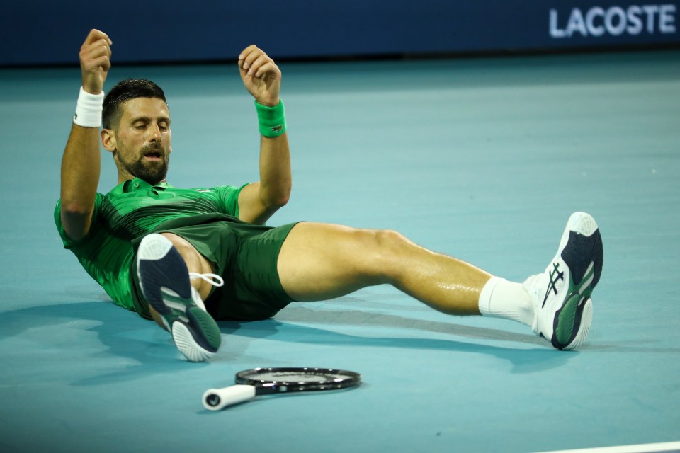 Novak Djokovic reacting after losing a point during a tennis match.
