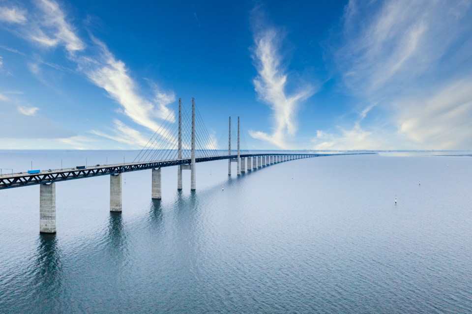 The Oresund Bridge connecting Copenhagen and Malmo.