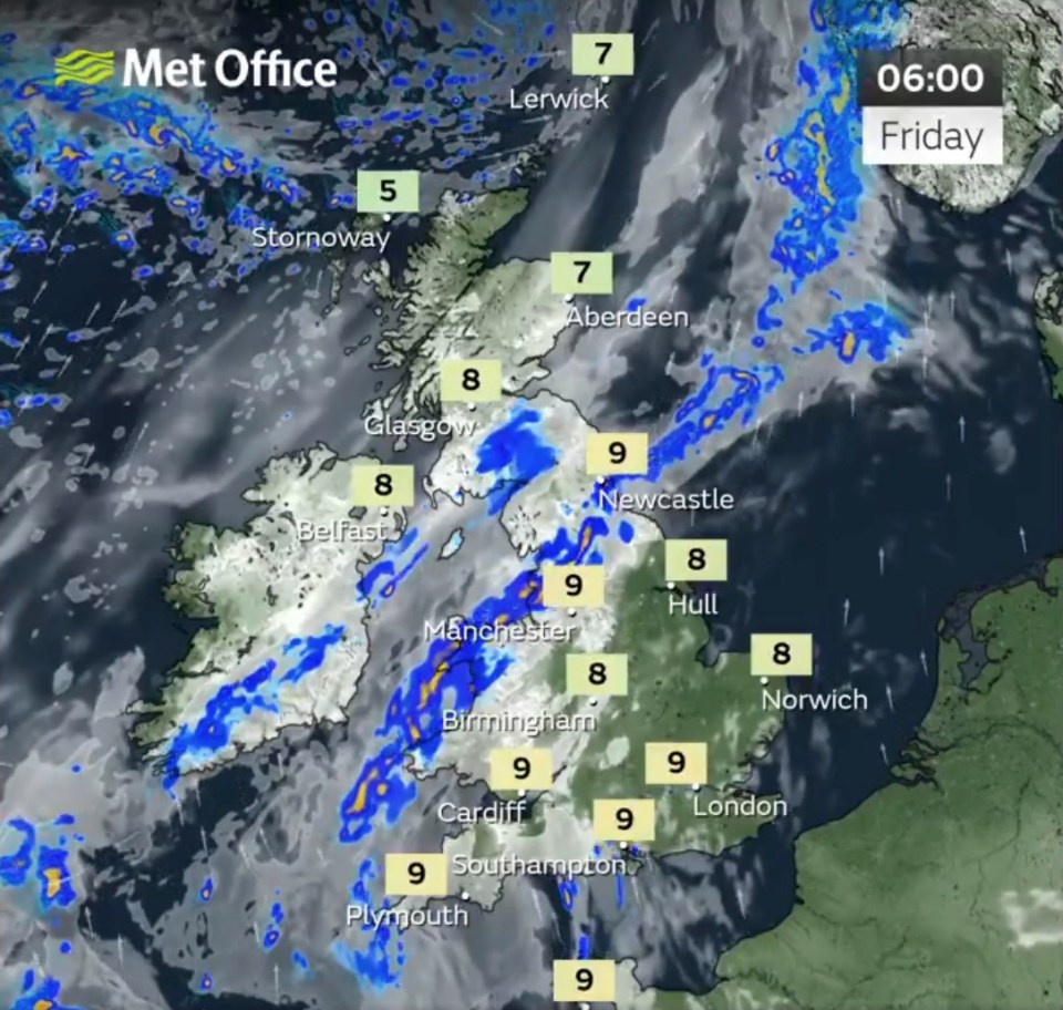 UK weather forecast map showing rain moving north.