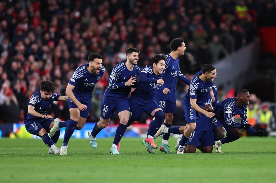 PSG players celebrating a penalty shootout victory.