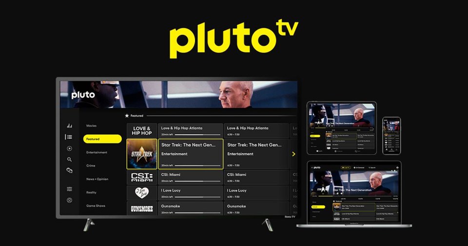 Pluto TV app interface on various devices.