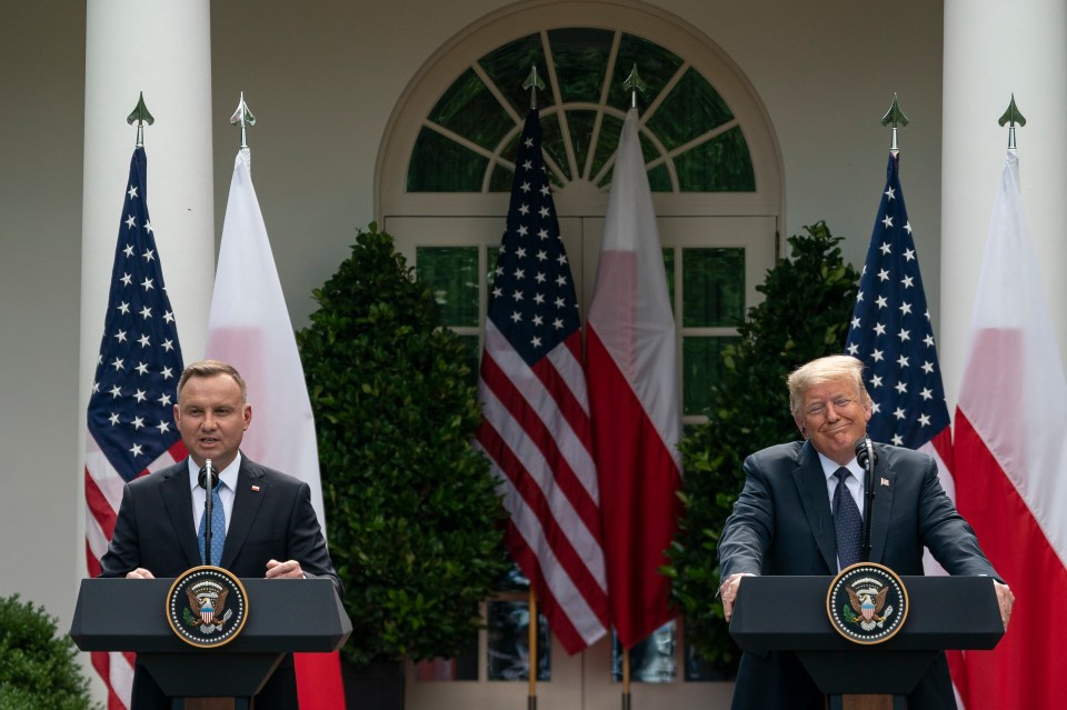 Presidents Andrzej Duda and Donald Trump at a joint press conference.