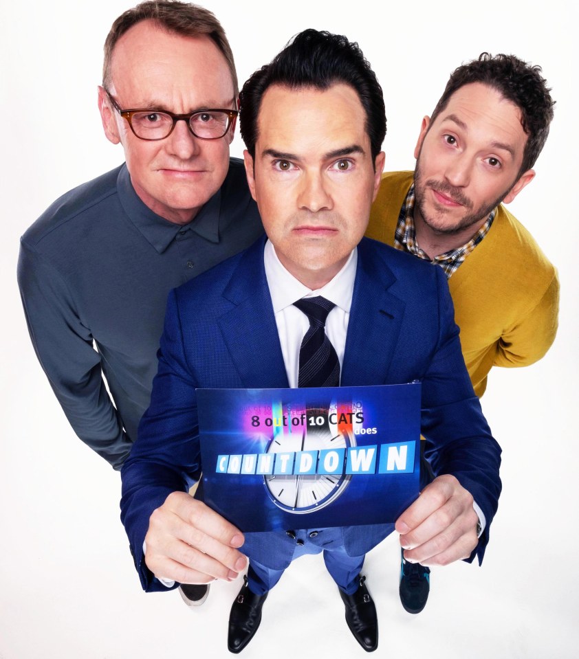 Promotional photo of Jimmy Carr, Jon Richardson, and Sean Lock for 8 Out of 10 Cats Does Countdown.