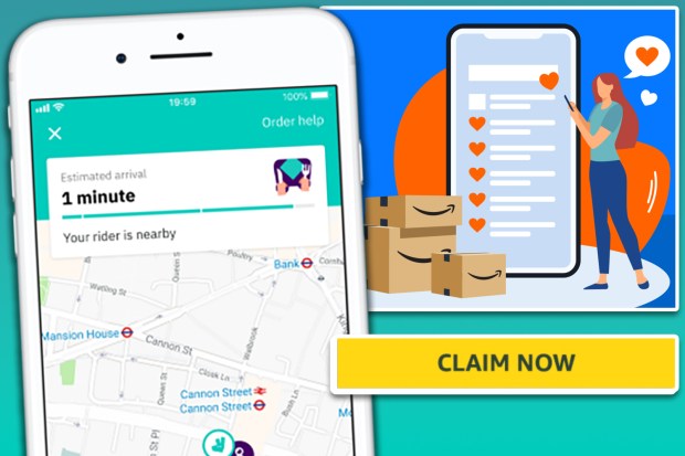 Illustration of a phone showing a delivery is arriving in one minute, along with a phone showing a rewards program and Amazon boxes.