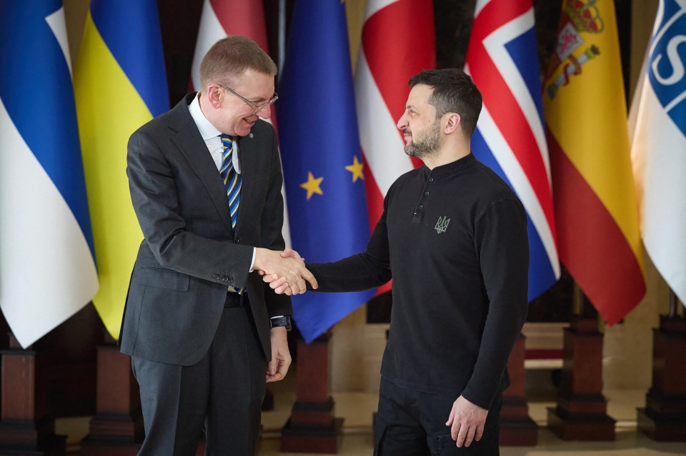 Volodymyr Zelensky and Edgars Rinkevics shaking hands.