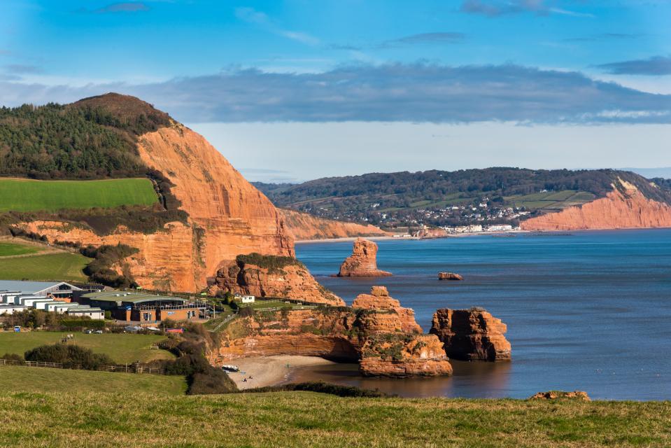 Ladram Bay and Sidmouth, Devon, UK, viewed from a distance.