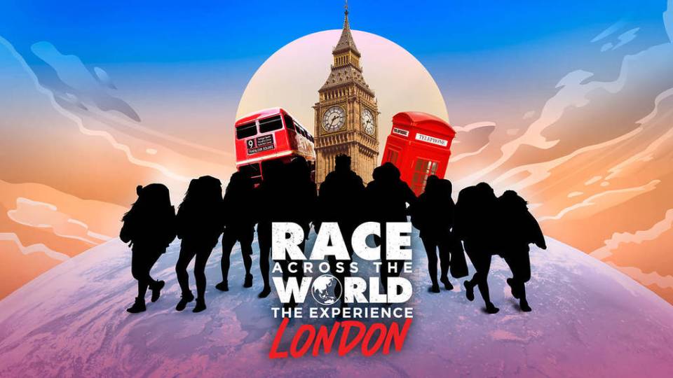 Illustration of people silhouetted against a globe with London landmarks, text reading "Race Across the World The Experience London".