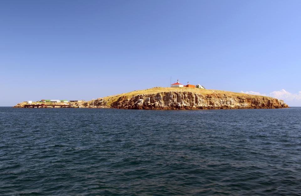 Snake Island in the Black Sea, with a lighthouse.
