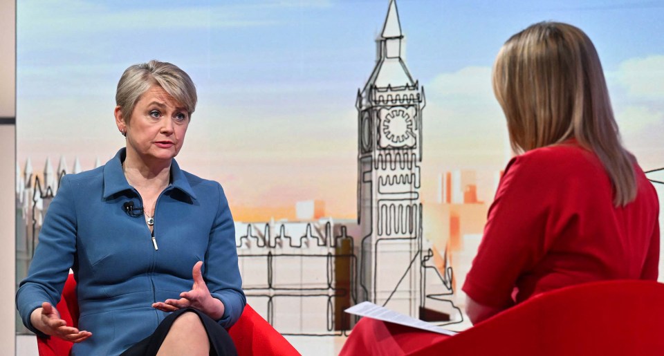 Yvette Cooper, Britain's Home Secretary, being interviewed on a political television show.