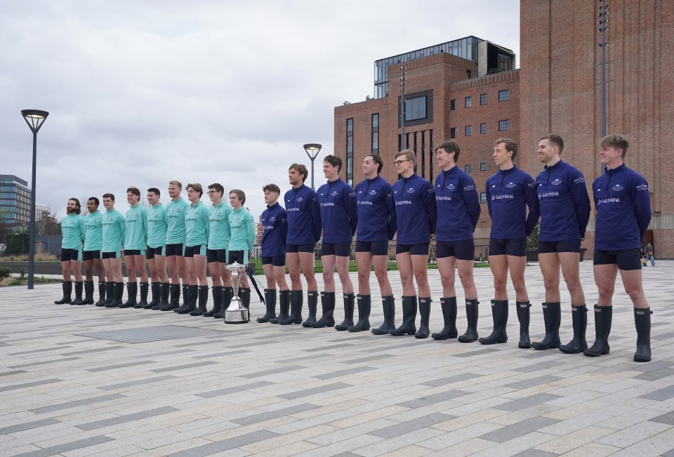Oxford and Cambridge University men's rowing teams at a photo call.