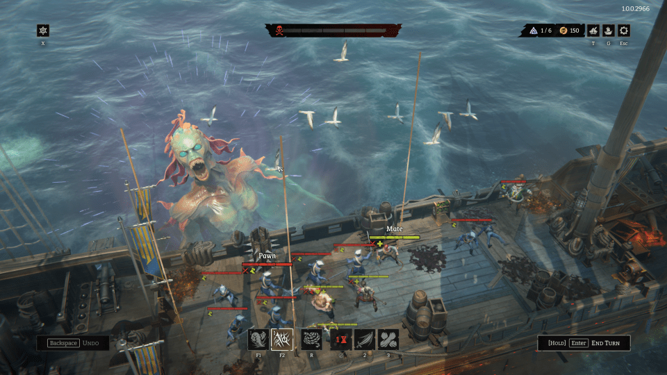 Gameplay screenshot of Rogue Waters showing a sea monster attacking a ship.