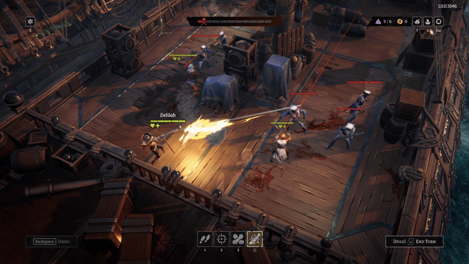 Screenshot of Rogue Waters gameplay showing a shipboard battle.