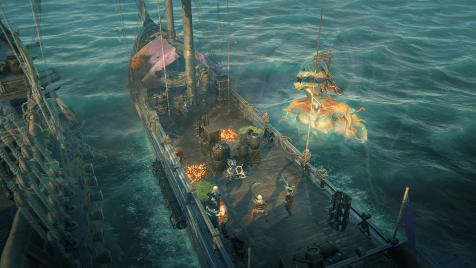 A sea monster attacks a ship full of pirates.