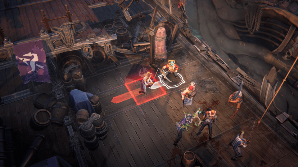 Screenshot of a video game showing a battle on a ship's deck.