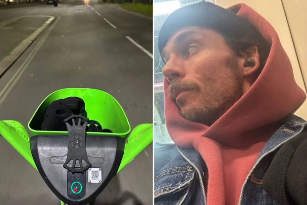 An image collage containing 2 images, Image 1 shows First-person view of riding a Lime e-scooter at night, Image 2 shows Sam Claflin on a London tube