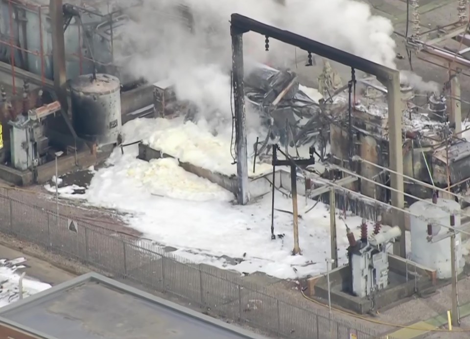 Aerial view of a fire at an electrical substation.